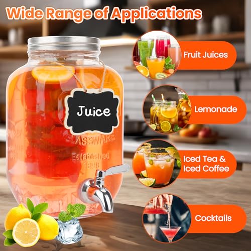Set of 2 Glass Drink Dispensers for Parties, 1 Gallon Ice Beverage Dispensers with Stand, Juice Dispenser with Fruit Infus...
