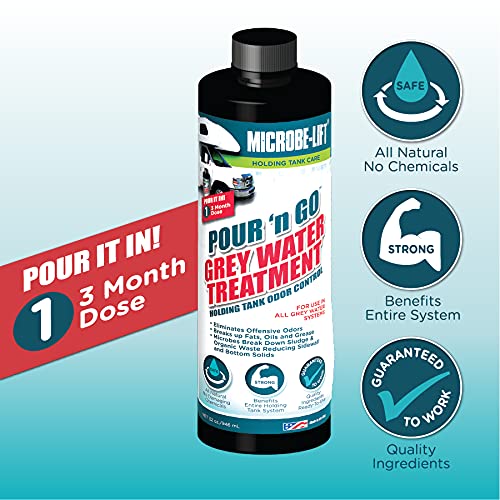 MICROBE-LIFT Pour ‘n Go RV Grey Water Holding Tank Treatment - 3 Month Supply - Dissolves Grease, Oils, Fats, Reduces Odors, 32 Ounces