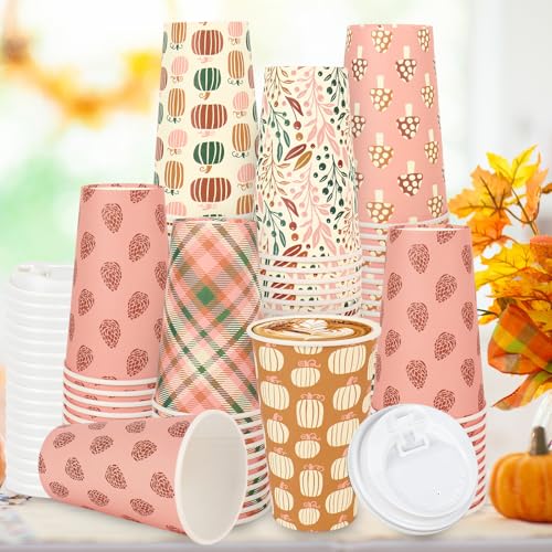 FYSUIMU 120 Sets Boho Fall Disposable Coffee Cups with Lids 16Oz Pumpkin Leaves Mushroom Drinking To Go Cup 6 Designs Pape...