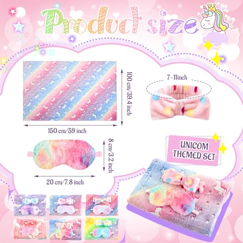 Fanfanwin 18 Pcs Sleepover Party Supplies, 6 Glow in The Dark Unicorn Blanket 6 Coral Fleece Headband 6 Plush Eye Mask Cov...