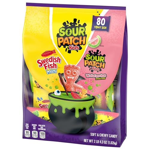 SOUR PATCH KIDS and SWEDISH FISH Mini Soft & Chewy Halloween Candy Variety Pack, Bulk Candy, 80 Trick or Treat Bags