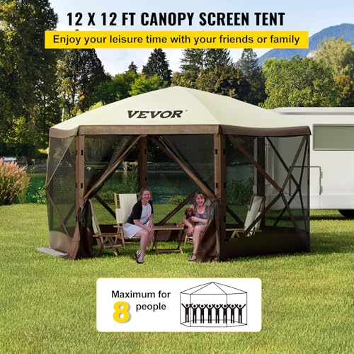 VEVOR 12 * 12ft 6 Sided Pop-up Canopy Shelter Tent with Mesh Windows, Portable Carry Bag, Stakes, Large Shade Tents for Ou...