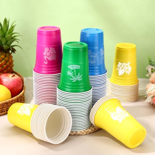 Domensi 120 Pcs Hawaiian Luau Party Plastic Cups 16 oz Summer Beach Tropical Plastic Disposable Cup Hot Cold Drink Wine Co...