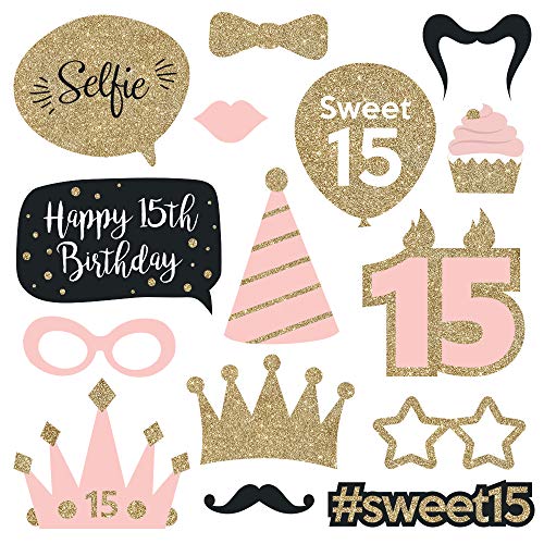 Fully Assembled 15 Birthday Quinceanera Photo Booth Props - Set of 30 - Pink & Gold Quince Selfie Signs - Cute 15th Party ...