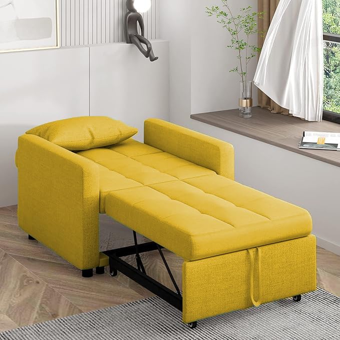 saows 3 in 1 Convertible Chair Bed, Convertible Sleeper Chair Bed, Lounger Chair, Adjustable Backrest with Pillow, Modern Sofa Bed for Living Room Apartment, Bright Yellow