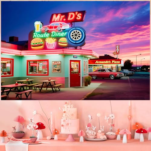 HANYING 50s Retro Dinner Backdrop Route 66 Night Cityscape Fast Food Store Photography Background Nostalgia Classic Car Vi...
