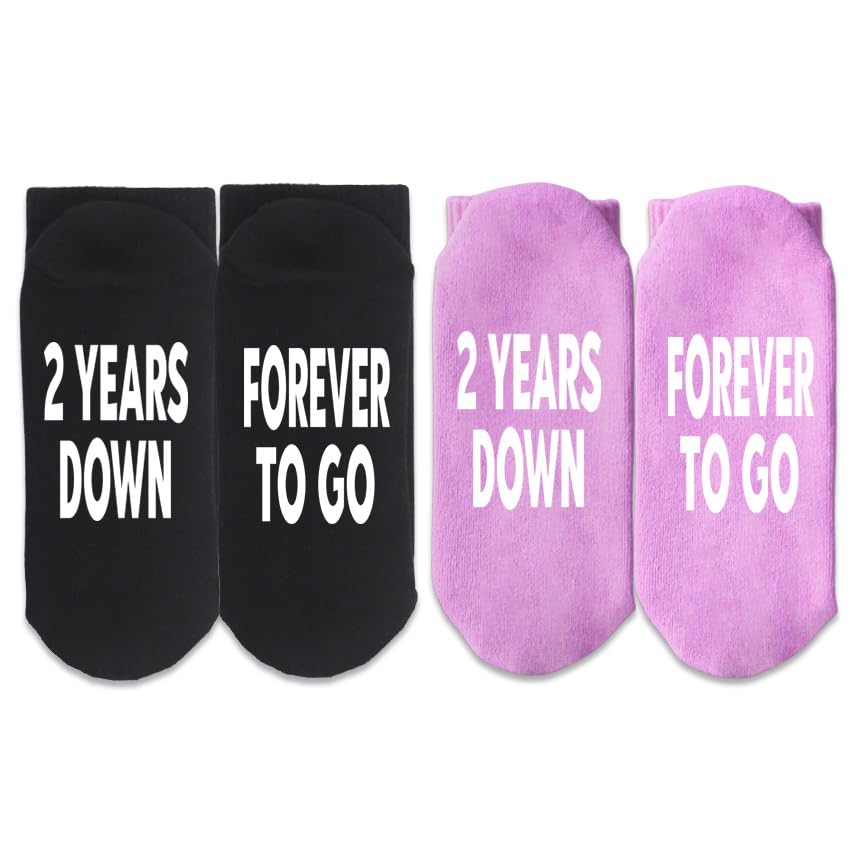 2 Years Anniversary, 2 Years Down Forever To Go Socks, Happy Anniversary, 2nd Anniversary, Valentine’s Day, Congratulation Gifts For Couple, Wife And Husband, His And Hers Gifts, Two Pairs.(007)