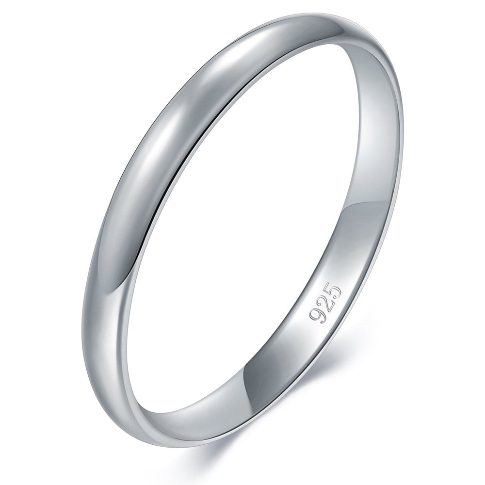 BORUO 925 Sterling Silver Ring High Polish Plain Dome Tarnish Resistant Comfort Fit Wedding Band 2mm Ring Size 7