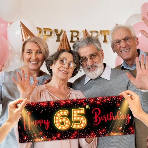 Red Happy 65 Birthday Party Photo Booth Props,Cheers to 65 Years Old Handheld Portable Backdrop Banner,Red and Black 65th ...