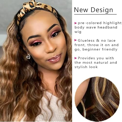 Ombre Headband Wig Human Hair #4/27 Highlight Body Wave Headband Wig 22 Inch Glueless None Lace Front Wig Brazilian Virgin Human Hair Wigs for Black Women Wear and Go Wig 150% Density