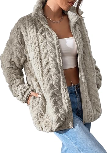 Dokotoo Winter Fleece Jacket for Women 2025 Zipper Stand Collar Casual Coats with Pockets