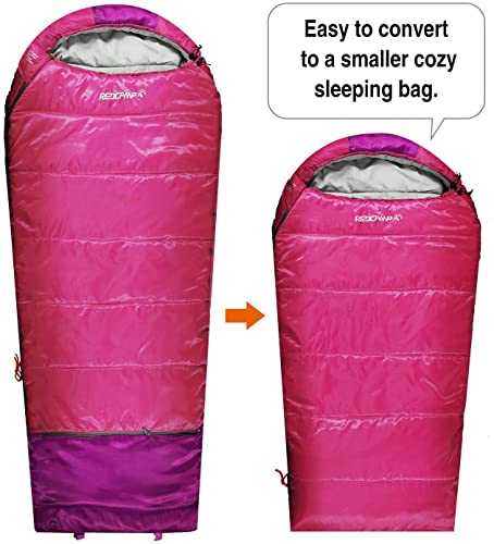 REDCAMP Kids Mummy Sleeping Bag for Camping, 3 Season Cold Weather Sleeping Bag Fit Boys,Girls & Teens, Blue/Rose Red