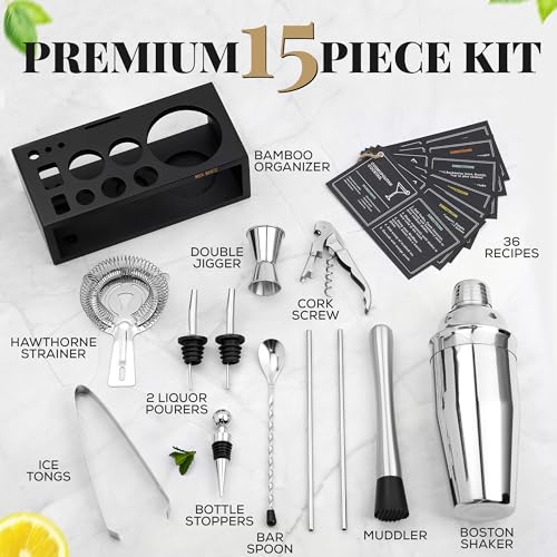 Mixology Bartender Kit with Stand - 15 Piece Bar Tool Set, Silver Bar Set Cocktail Shaker Set for Drink Mixing - Includes ...