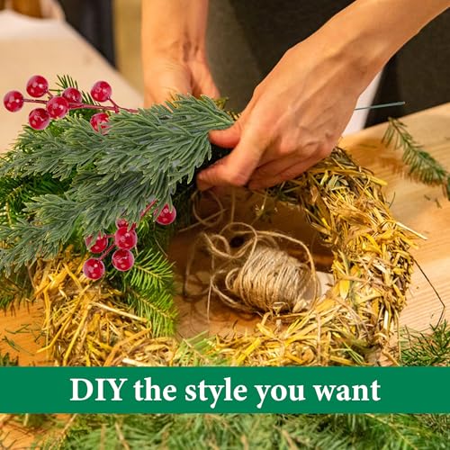 Watayo 45 Pcs Christmas Artificial Pine Branches with Red Berry Stems, 10.5" Faux Evergreen Norfolk Pine Cypress Leaves St...
