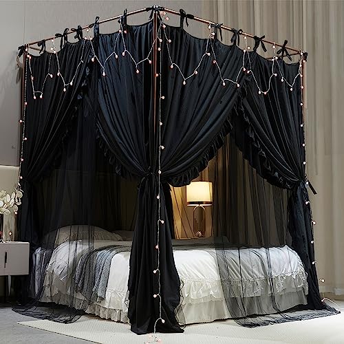 AIOOO 4 Corners Post Princess Curtain Bed Canopy Double Layer Cozy Mosquito Net Mesh and Cloth for Girls Adults Bedroom De...
