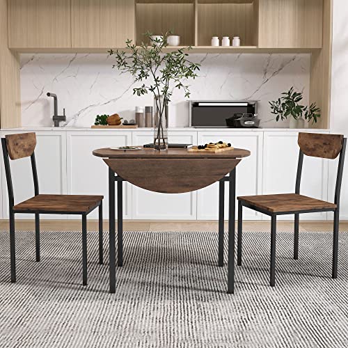 P PURLOVE 3 Piece Drop Leaf Dining Table Set,Solid Wood Kitchen Table and Chair Set of 2,Farmhouse Round Table and 2 Chair...