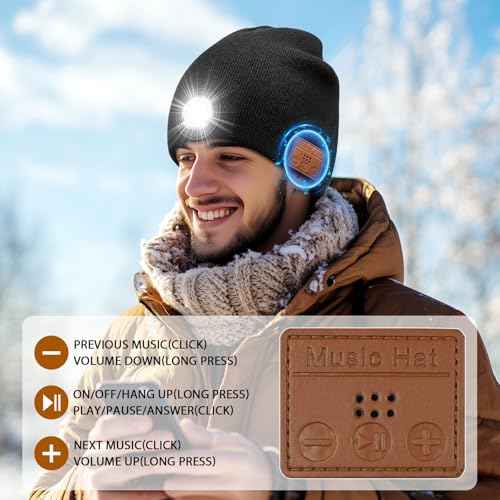 Bluetooth LED Beanie Hat, Rechargeable Music Beanie Cap for Winter, Headlamp hat Music hat & Calls, 3 Light Modes for Running Hiking Camping, Black (Unisex)