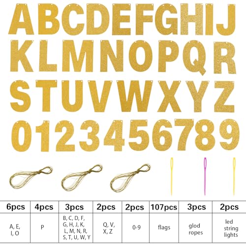TaoBary 112 Pcs DIY Letter Kit Glitter Customizable Banner Letters Include 107 Letters and Numbers 3 Rope and 2 Needles fo...