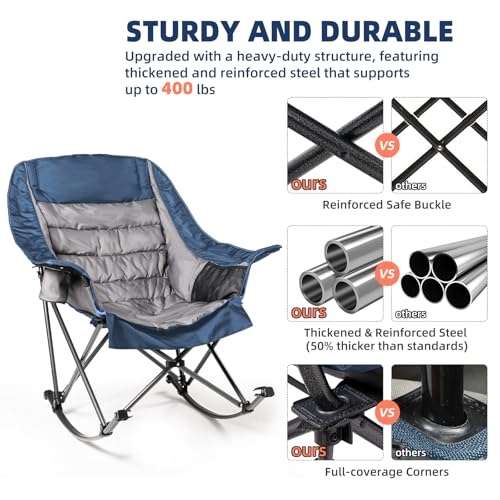 Foristrail Oversized Rocking Camping Chair for Adults - 400lbs Capacity Padded Camp Chair with Cup Holder, Portable Foldab...
