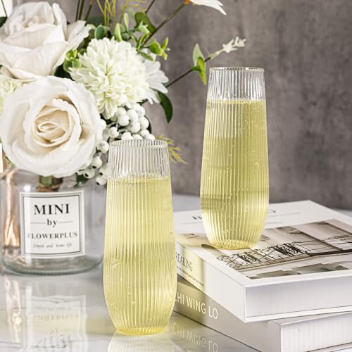 HOMIP 36pcs Clear Plastic Champagne Flutes - 9oz Disposable Champagne Flutes Stemless Toasting Glasses, Ribbed Ripple Desi...