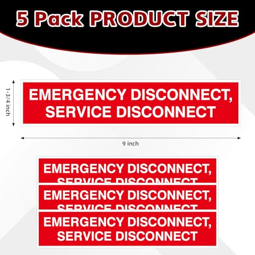 YooNotee 5 Pcs NEC Compliant Emergency Disconnect Sticker, 1-3/4 x 9 Inch Vinyl Emergency Service Shut off Sign Notice Dan...