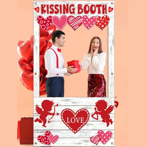 Valentine's Day Party Decorations Kissing Booth Theme Photo Booth Props Cupid Love Heart Banner Valentine Picture Frame fo...
