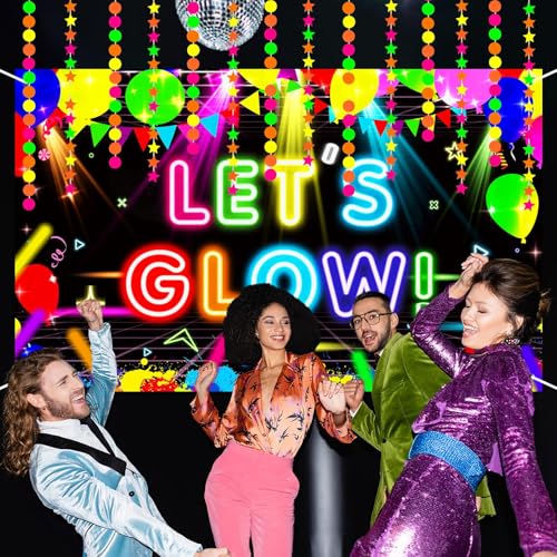 QOUBAI Neon Glow Party Decoration Let's Glow Banner Backdrop Round Neon Garland Neon Star Streamer Neon Glow Photo Booth P...