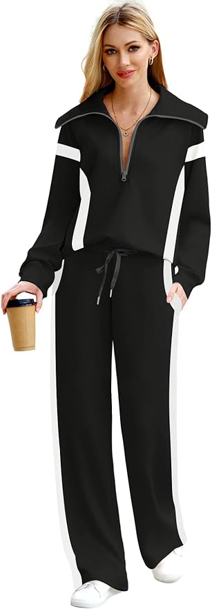 XIEERDUO Lounge Sets For Women 2025 Half Zip Sweatshirt And Wide Leg Sweatpant 2 Piece Outfits Sweatsuit Tracksuit