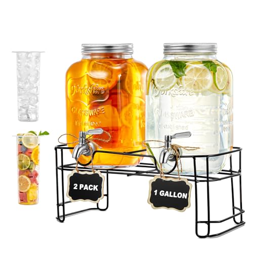 Drink Dispensers for Parties 1 Gallon, 2-PACK Glass Beverage Dispenser with Leakproof Stainless Steel Spigot, Stand, Ice C...