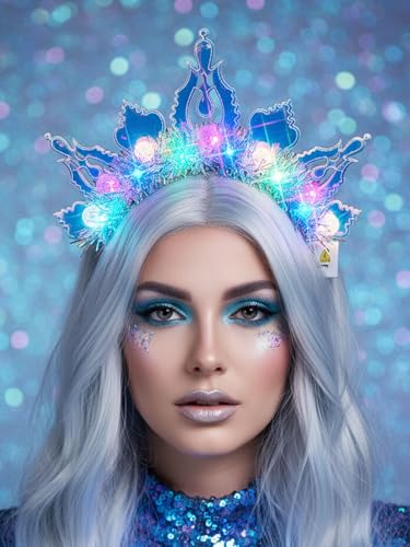 Lorealri Light Up Star Crown Headband, Blue and Silver Glitter Stars, LED Rave Party Costume Headwear Accessory for Women