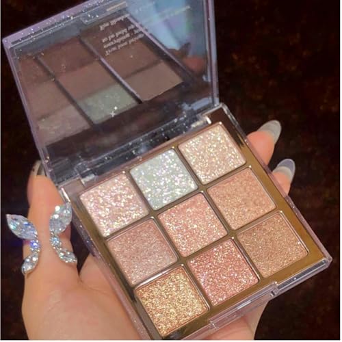 9 Colors Glitter Shimmer Eyeshadow Makeup Palette, Korean Sparkle Neutral Eye Shadow Palettes Highly Pigmented Long Lastin...