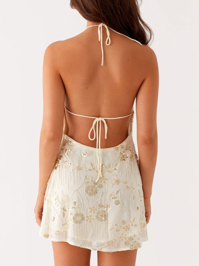 Sastianaen Women Y2k Sequin Mini Dress Halter Neck Sparkly Backless Short Dress Going Out Cocktail Party Clubwear