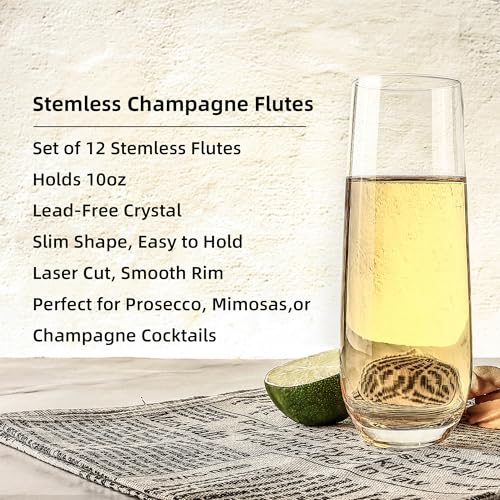 Stemless Champagne Flutes Set of 12, 10 oz Modern Clear Glasses for Champagne, Mimosas, Prosecco and Cocktails, Durable an...