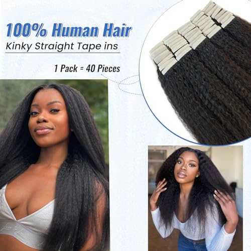 Black Tape in Extensions Real Human Hair 24 Inch Kinky Straight Tape in Hair Extensions Human Hair Black Women 40PCS 100G Invisible Natural Black Kinky Straight Human Hair Tape ins