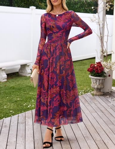 MEROKEETY Women's Long Sleeve Spring Wedding Guest Dress 2026 Crewneck Floral Flowy Mesh Cocktail Maxi Dresses