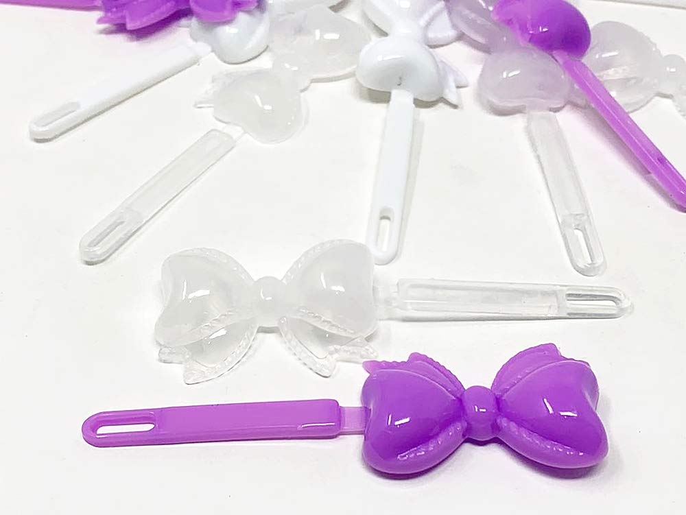 Tara Girls Super Cute Self Hinge Plastic Mulit Design Hair Barrettes Selection. 20pc white clear purple mix bow shape.