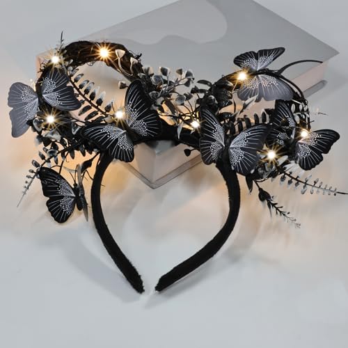 JIAHANG LED Flashing Black Mouse Ear Headband with Butterflies, Light Up Woodland Elf Fairy Headwear for Women Girls