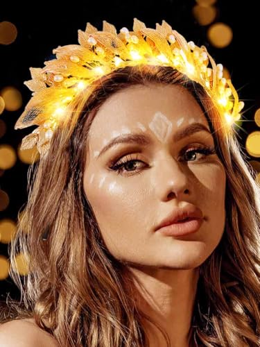 Catery Gold Leaf Headband Light up Greek Goddess Crown Headpiece Costume Accessories for Women