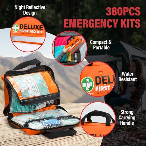 SuccorWare 380 Pieces Deluxe First Aid Kit Compact Trauma Medical Kits with Assorted Bandages, Instant Cold Pack, Emergenc...