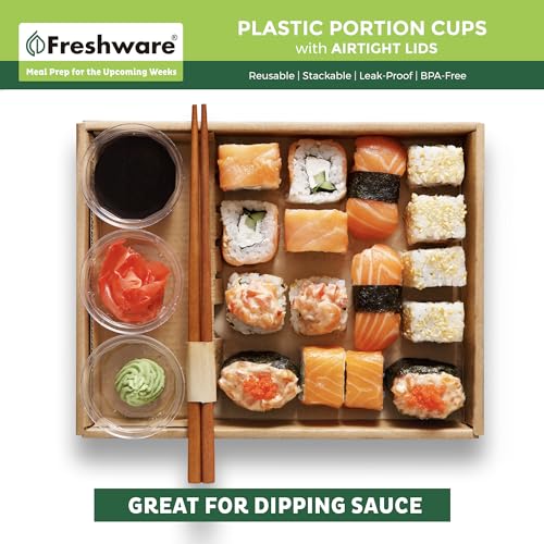 Freshware Plastic Portion Cups with Lids [2 Ounce, 100 Sets] Disposable Plastic Cups for Meal Prep, Salad Dressing, Jellos Shot Cups, Souffle Cups, Condiment and Dipping Sauce Cups