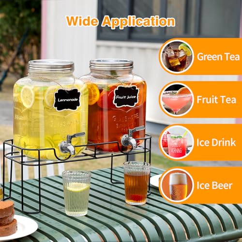 1.6 Gallon Glass Drink dispenser, 2 PCS Beverage Dispenser With Stand, Lemonade Dispenser with Stainless Steel Spigot,Drin...