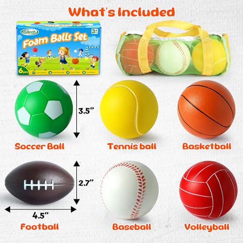 Billeeit Mini Sports Balls Set for Toddler 1-3, Sports Bag for Kids, Include 1 Each of 3.5" Foam Soccer, Tennis Ball, Bask...