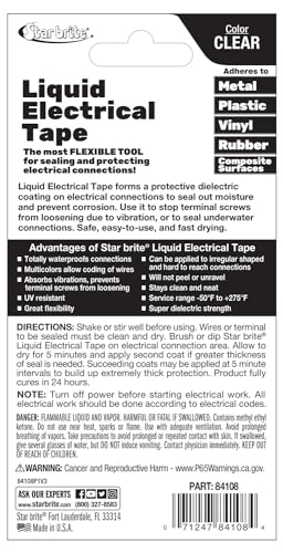 STAR BRITE Liquid Electrical Tape with Applicator Brush Cap - Superior Adhesion & Flexible Protection for Frayed Cables, Terminals & Electric Splices - Clear 4 fl oz. (084108B)