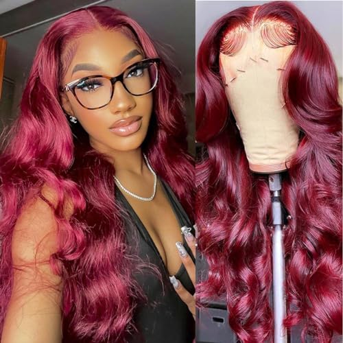 ABALON 99j Burgundy Body Wave Lace Front Wigs Human Hair Wine Red 13x4 HD Lace Frontal Wigs Human Hair Pre Plucked 200% Density Glueless Wigs for Women 20 Inch
