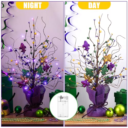 Anglechic 2 Pieces Lighted Mardi Gras Artificial Berry Blossom Table Tree 21 H Shinny Table Centerpiece Tree for Mardi Gra...