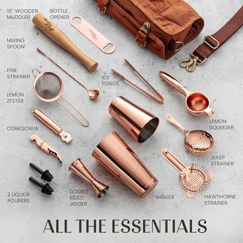 Travel Bartender Kit Bag | Professional 17-Piece Copper Bar Tool Set with Portable Bar Bag and Shoulder Strap for Easy Car...