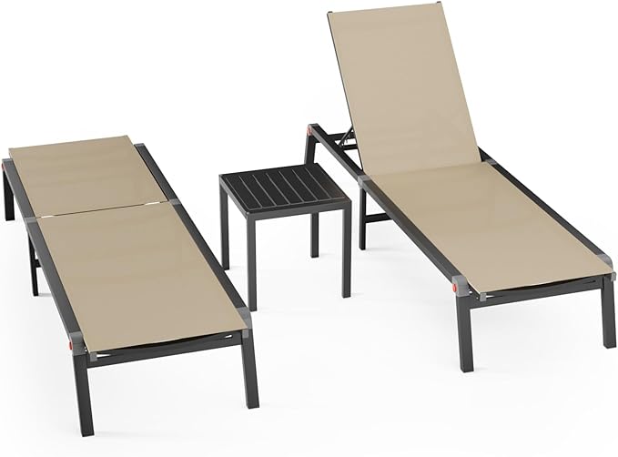 WOAJNQO Aluminum Patio Chaise Lounge Chair Set of 2 with Side Table,5-Position Adjustable Backrest,Foldable Lounge Chair Outdoor,Pool Lounge Chairs for Poolside,Lawn,Deck,Beach (Khaki, 2 Pack+Table)