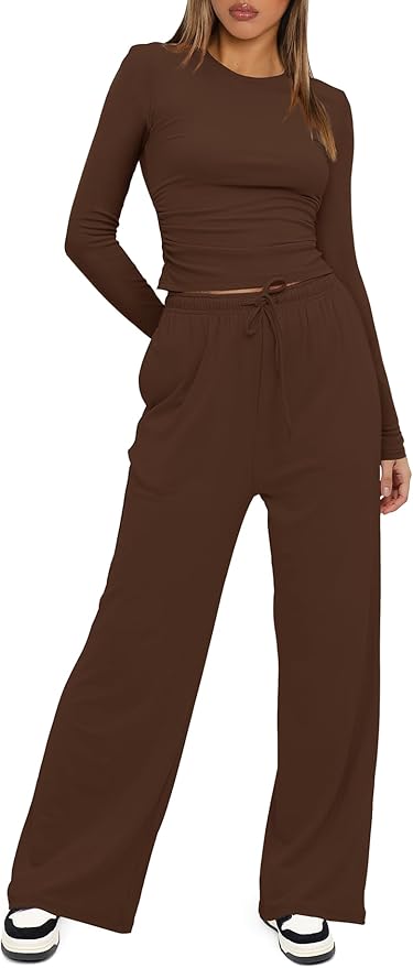 Darong Women's 2 Piece Outfits Lounge Sets 2026 Long Sleeve Tops Wide Leg Pants Casual Matching Set