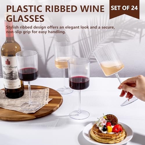 YOUBET 24 Pack Plastic Ribbed Wine Glasses - 10 OZ Clear Square Wine Glasses with Stem - Heavy Duty Vintage Disposable Cha...