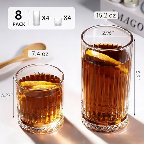 Ruckae Drinking Glasses Set of 8,15 oz and 7 oz Kitchen Water Glass Cups Set,Clear Ribbed Glassware Dishwasher Safe,Mixed ...